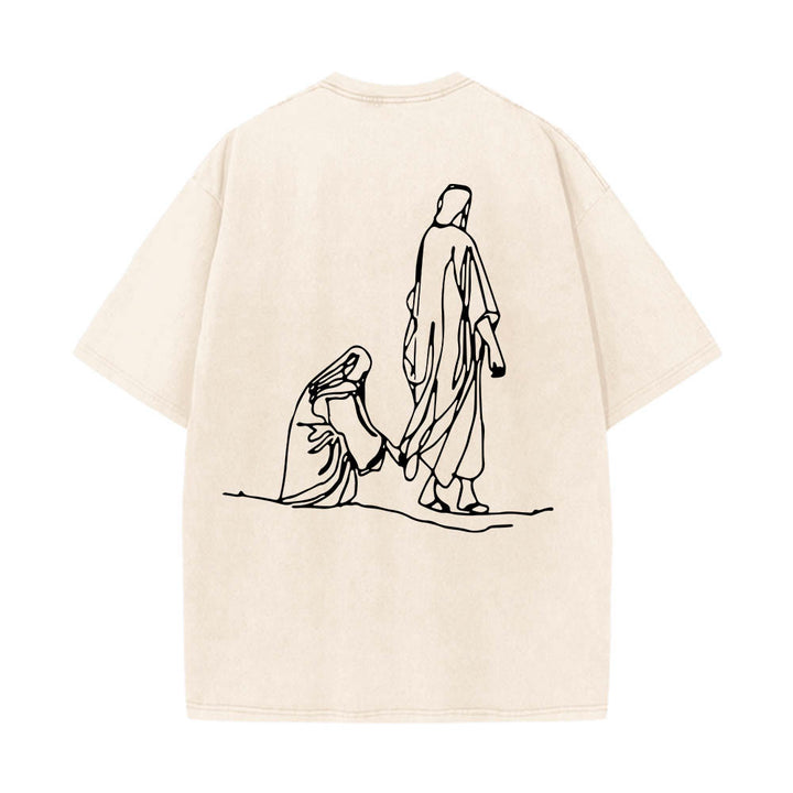 Christianartworkshop Matteo 9:20-22 Citazione sulla fede Donna sanguinante tocca Cristo veste Line Art Stampa posteriore T-shirt lavata - image 5