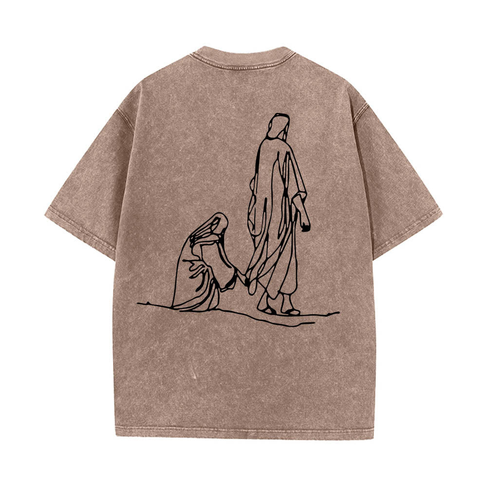 Christianartworkshop Matteo 9:20-22 Citazione sulla fede Donna sanguinante tocca Cristo veste Line Art Stampa posteriore T-shirt lavata - image 2