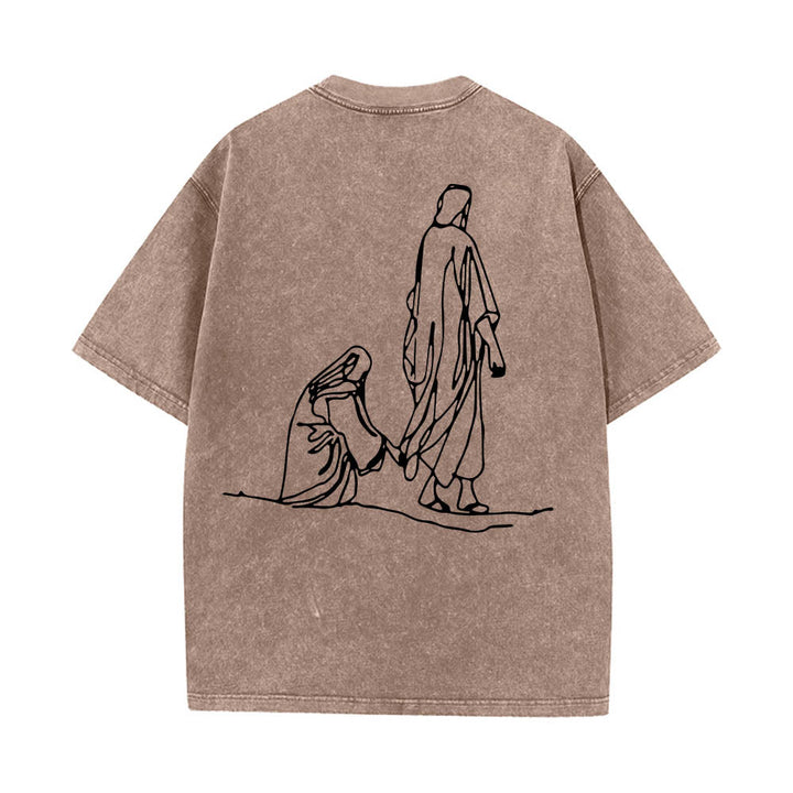 Christianartworkshop Matteo 9:20-22 Citazione sulla fede Donna sanguinante tocca Cristo veste Line Art Stampa posteriore T-shirt lavata - image 2