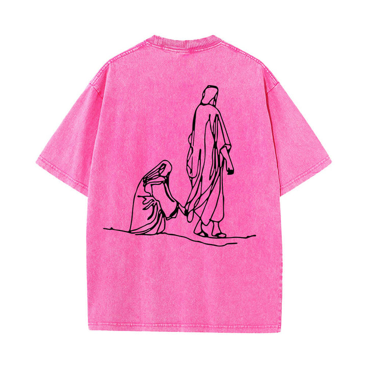 Christianartworkshop Matteo 9:20-22 Citazione sulla fede Donna sanguinante tocca Cristo veste Line Art Stampa posteriore T-shirt lavata - image 23