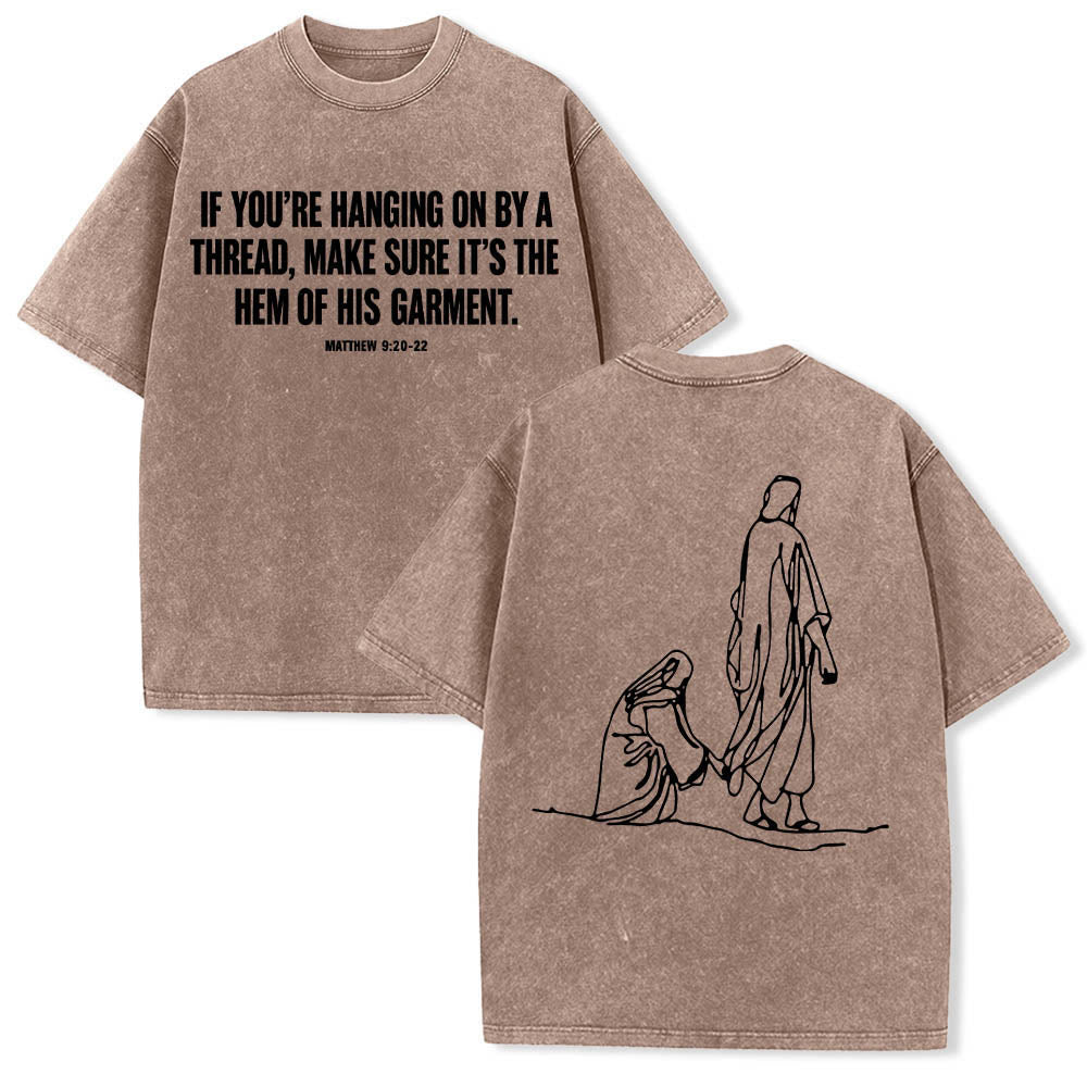Christianartworkshop Matteo 9:20-22 Citazione sulla fede Donna sanguinante tocca Cristo veste Line Art Stampa posteriore T-shirt lavata - Marrone - 5XL - image 0