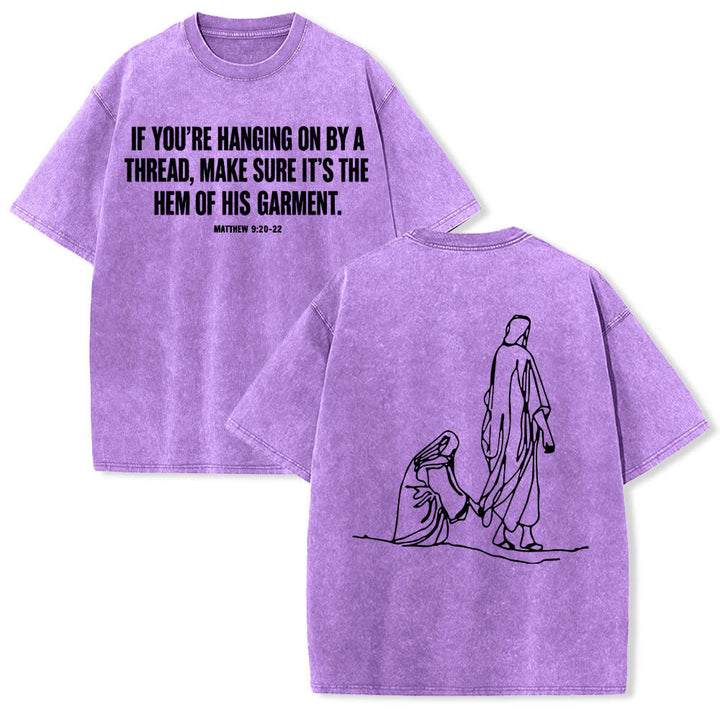 Christianartworkshop Matteo 9:20-22 Citazione sulla fede Donna sanguinante tocca Cristo veste Line Art Stampa posteriore T-shirt lavata - Viola - 5XL - image 18