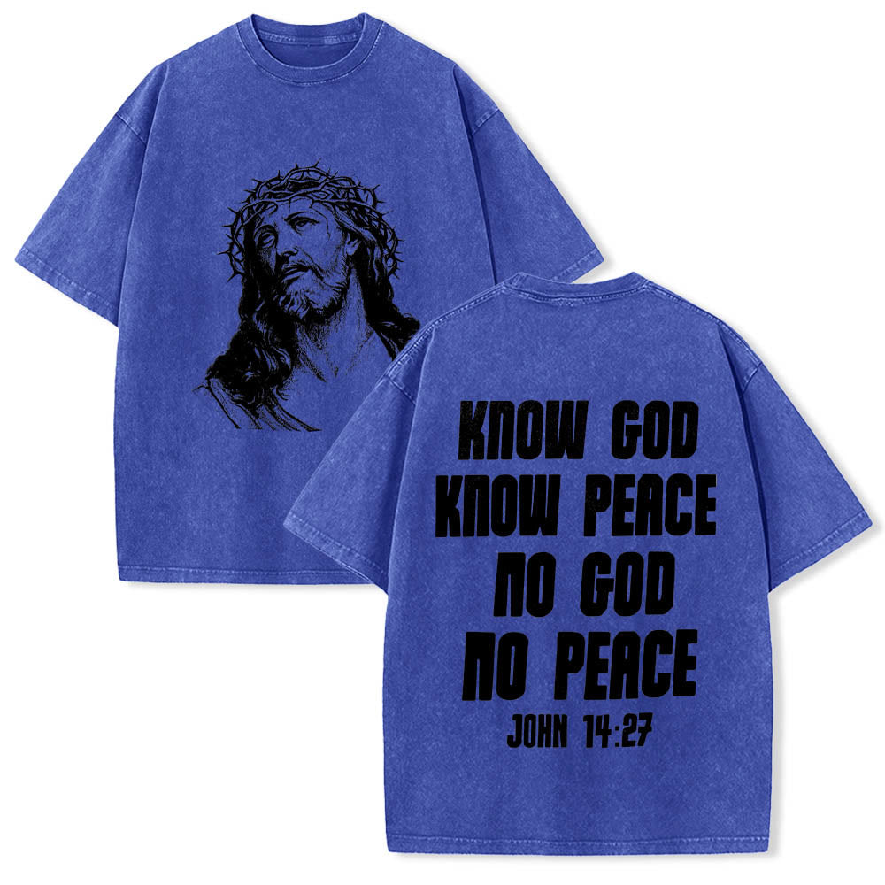 Christianartworkshop Maglietta lavata con stampa frontale "Thorn Crown Jesus Bust" e scritta "Know God Know Peace" (Conosci Dio, Conosci la Pace), con testo sul retro "John 14:27". - Blu - 5XL - image 12