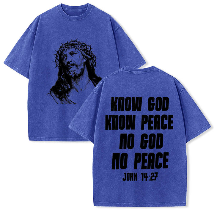 Christianartworkshop Maglietta lavata con stampa frontale "Thorn Crown Jesus Bust" e scritta "Know God Know Peace" (Conosci Dio, Conosci la Pace), con testo sul retro "John 14:27". - Blu - 5XL - image 12