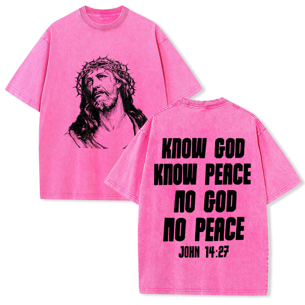 Christianartworkshop Maglietta lavata con stampa frontale "Thorn Crown Jesus Bust" e scritta "Know God Know Peace" (Conosci Dio, Conosci la Pace), con testo sul retro "John 14:27". - Rosa - 5XL - image 21