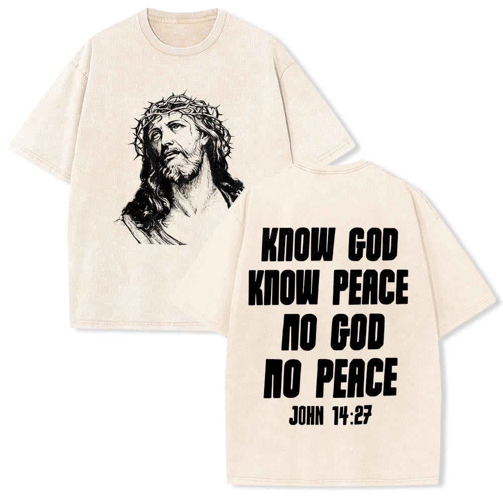 Christianartworkshop Maglietta lavata con stampa frontale "Thorn Crown Jesus Bust" e scritta "Know God Know Peace" (Conosci Dio, Conosci la Pace), con testo sul retro "John 14:27". - Beige - 5XL - image 0