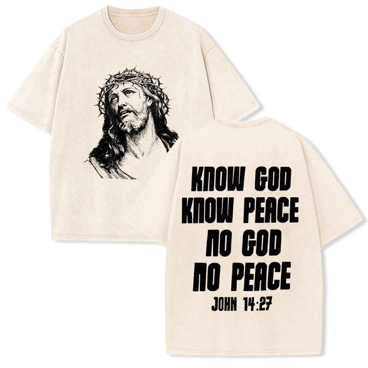Christianartworkshop Maglietta lavata con stampa frontale "Thorn Crown Jesus Bust" e scritta "Know God Know Peace" (Conosci Dio, Conosci la Pace), con testo sul retro "John 14:27". - Beige - 5XL - image 0