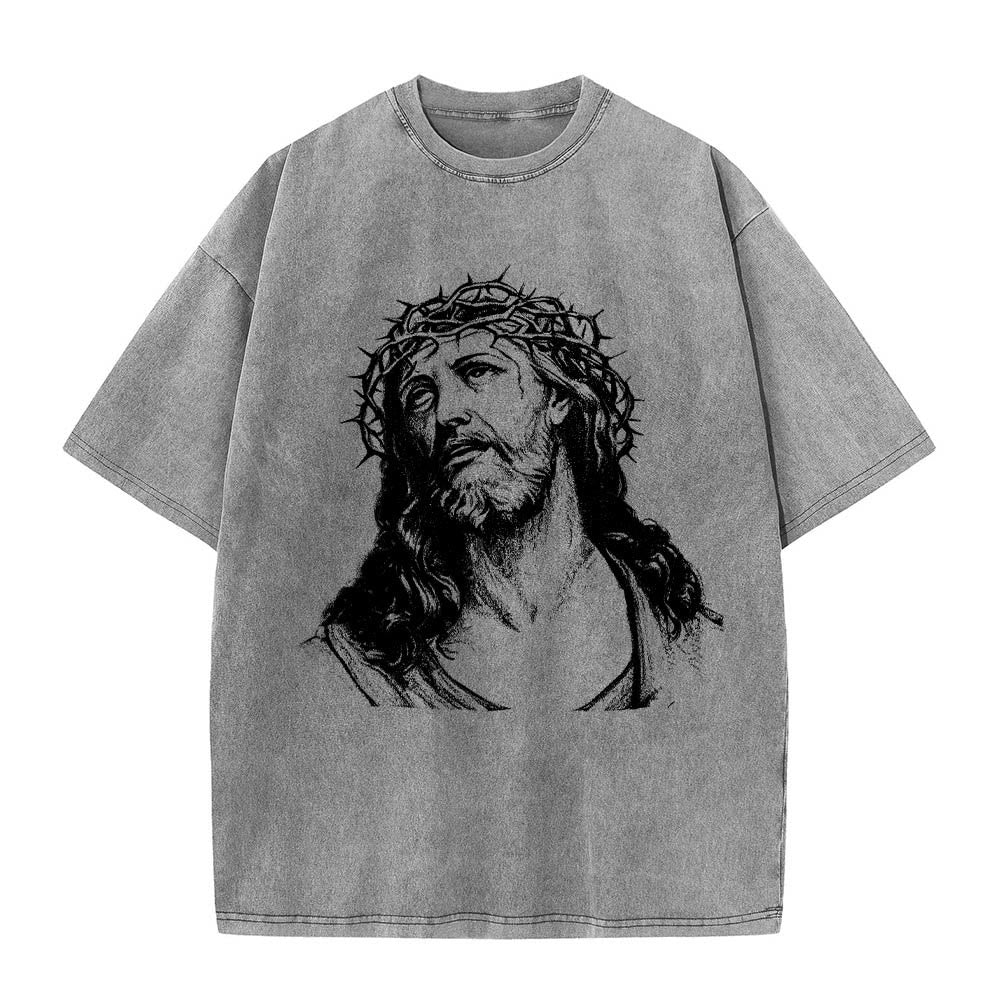 Christianartworkshop Maglietta lavata con stampa frontale "Thorn Crown Jesus Bust" e scritta "Know God Know Peace" (Conosci Dio, Conosci la Pace), con testo sul retro "John 14:27". - image 7