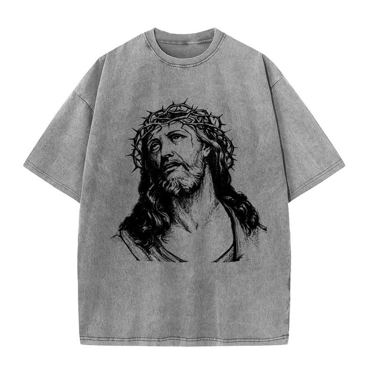 Christianartworkshop Maglietta lavata con stampa frontale "Thorn Crown Jesus Bust" e scritta "Know God Know Peace" (Conosci Dio, Conosci la Pace), con testo sul retro "John 14:27". - image 7