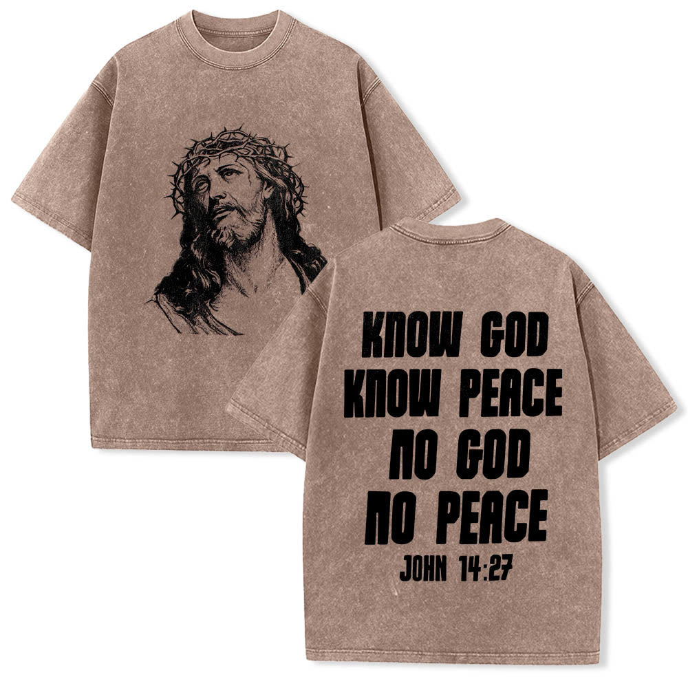 Christianartworkshop Maglietta lavata con stampa frontale "Thorn Crown Jesus Bust" e scritta "Know God Know Peace" (Conosci Dio, Conosci la Pace), con testo sul retro "John 14:27". - Marrone - 5XL - image 3