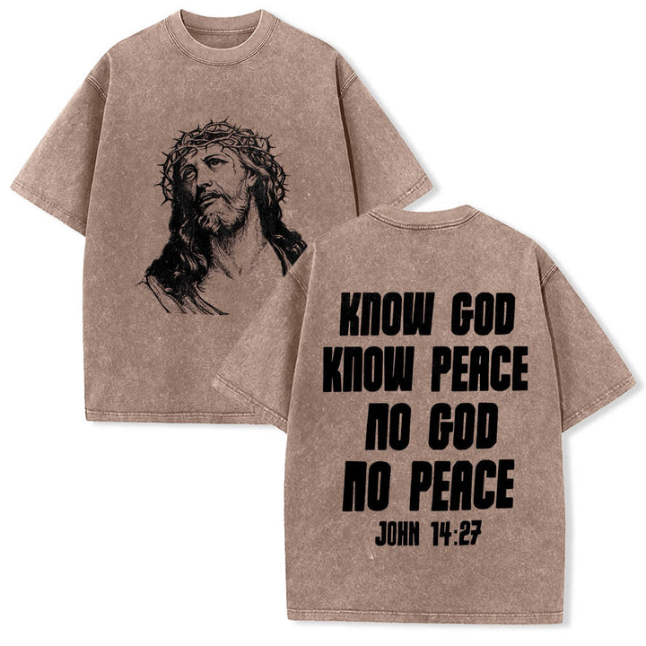 Christianartworkshop Maglietta lavata con stampa frontale "Thorn Crown Jesus Bust" e scritta "Know God Know Peace" (Conosci Dio, Conosci la Pace), con testo sul retro "John 14:27". - Marrone - 5XL - image 3