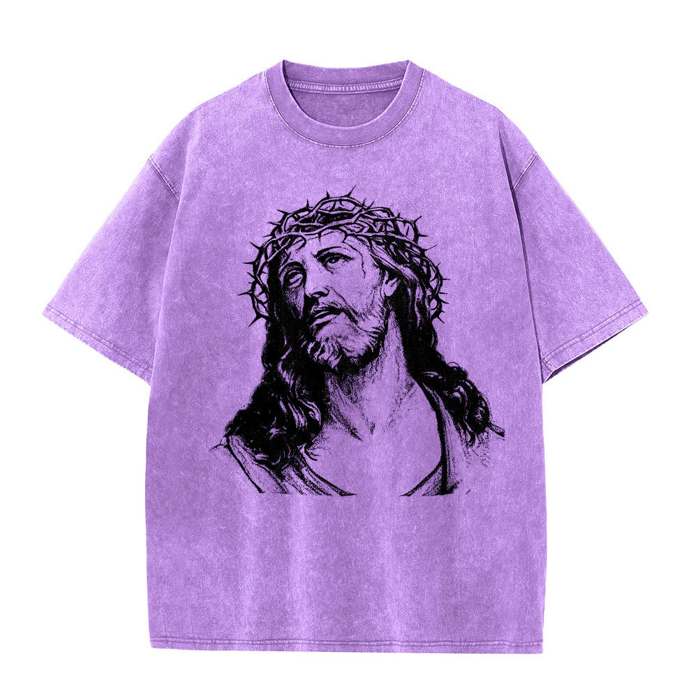 Christianartworkshop Maglietta lavata con stampa frontale "Thorn Crown Jesus Bust" e scritta "Know God Know Peace" (Conosci Dio, Conosci la Pace), con testo sul retro "John 14:27". - image 19