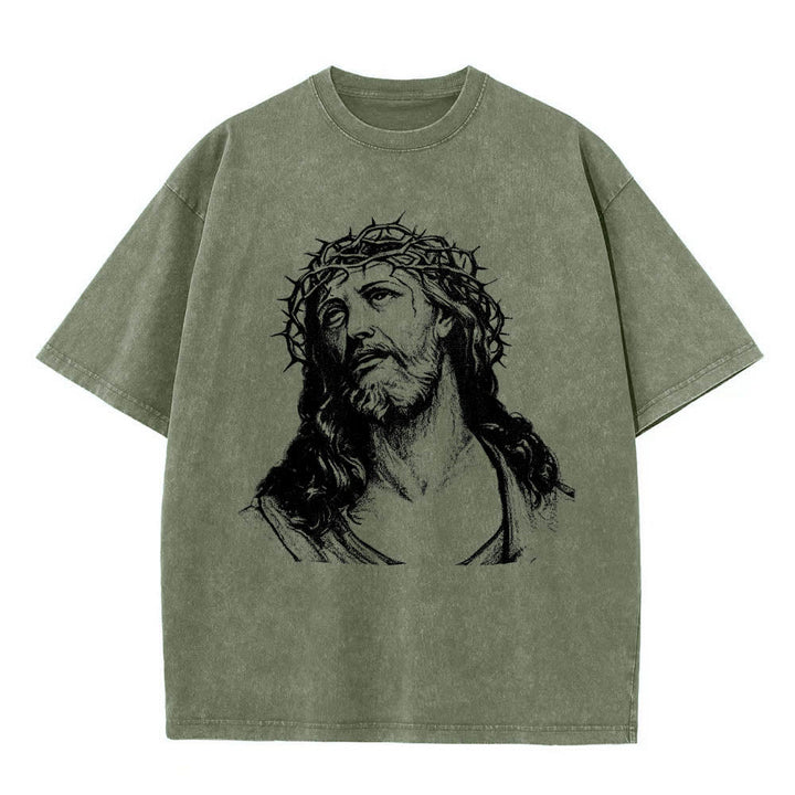 Christianartworkshop Maglietta lavata con stampa frontale "Thorn Crown Jesus Bust" e scritta "Know God Know Peace" (Conosci Dio, Conosci la Pace), con testo sul retro "John 14:27". - image 25