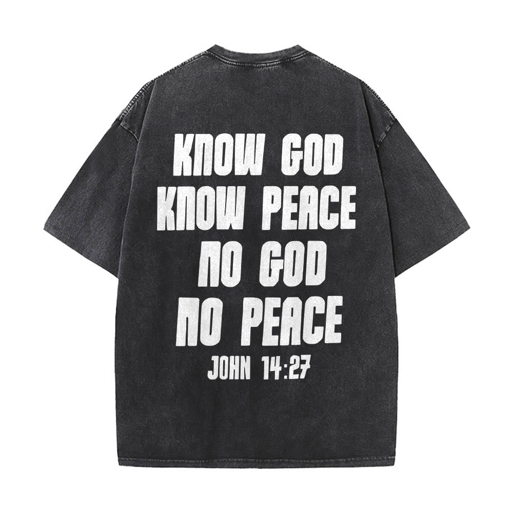 Christianartworkshop Maglietta lavata con stampa frontale "Thorn Crown Jesus Bust" e scritta "Know God Know Peace" (Conosci Dio, Conosci la Pace), con testo sul retro "John 14:27". - image 11