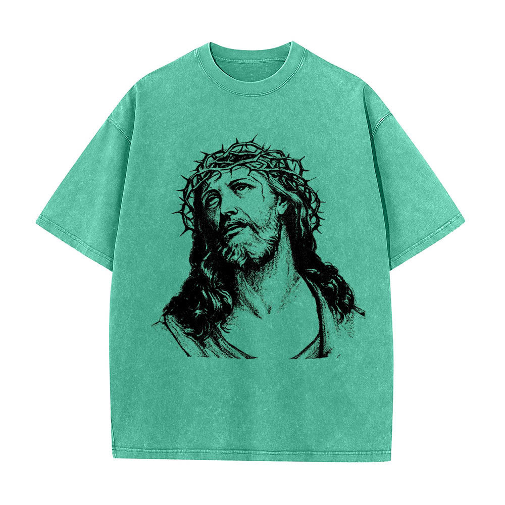 Christianartworkshop Maglietta lavata con stampa frontale "Thorn Crown Jesus Bust" e scritta "Know God Know Peace" (Conosci Dio, Conosci la Pace), con testo sul retro "John 14:27". - image 16