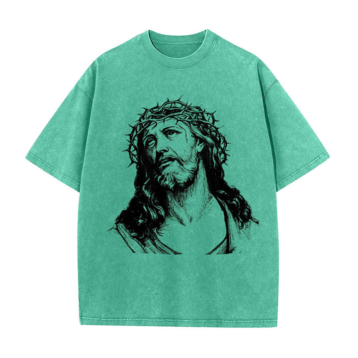 Christianartworkshop Maglietta lavata con stampa frontale "Thorn Crown Jesus Bust" e scritta "Know God Know Peace" (Conosci Dio, Conosci la Pace), con testo sul retro "John 14:27". - image 16