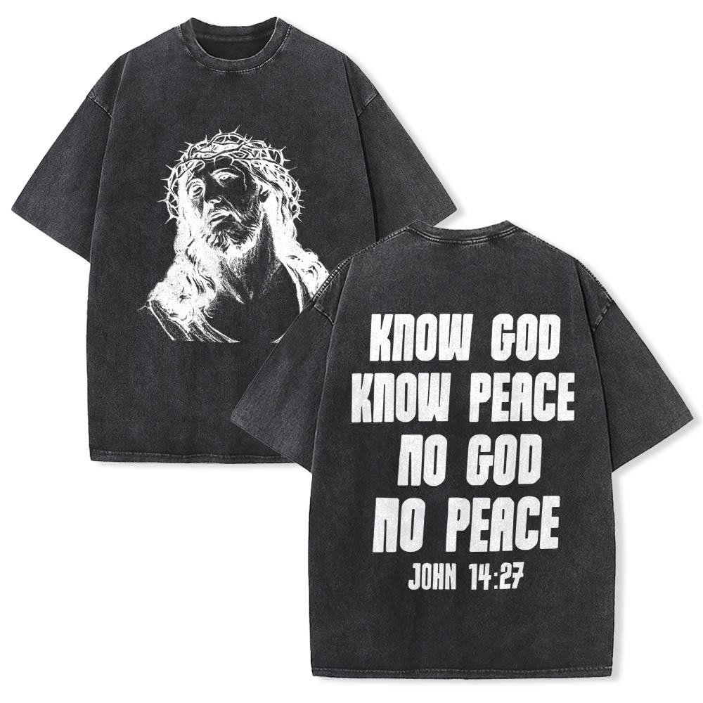 Christianartworkshop Maglietta lavata con stampa frontale "Thorn Crown Jesus Bust" e scritta "Know God Know Peace" (Conosci Dio, Conosci la Pace), con testo sul retro "John 14:27". - Nero - 5XL - image 9