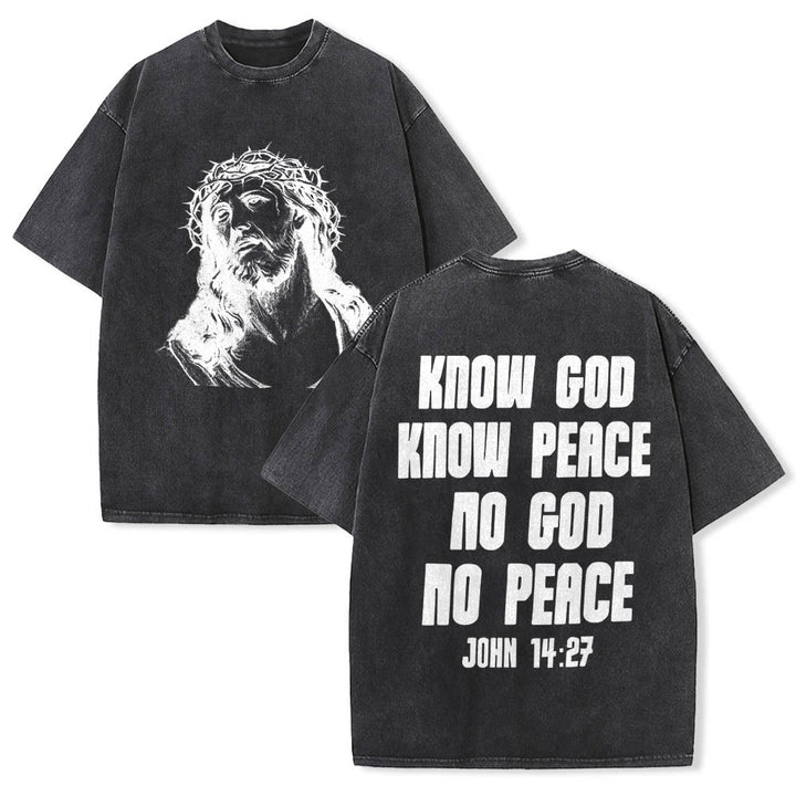 Christianartworkshop Maglietta lavata con stampa frontale "Thorn Crown Jesus Bust" e scritta "Know God Know Peace" (Conosci Dio, Conosci la Pace), con testo sul retro "John 14:27". - Nero - 5XL - image 9