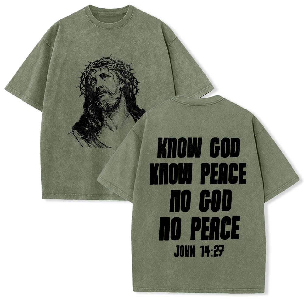 Christianartworkshop Maglietta lavata con stampa frontale "Thorn Crown Jesus Bust" e scritta "Know God Know Peace" (Conosci Dio, Conosci la Pace), con testo sul retro "John 14:27". - Verde militare - 5XL - image 24