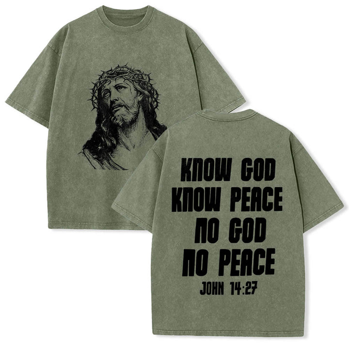 Christianartworkshop Maglietta lavata con stampa frontale "Thorn Crown Jesus Bust" e scritta "Know God Know Peace" (Conosci Dio, Conosci la Pace), con testo sul retro "John 14:27". - Verde militare - 5XL - image 24