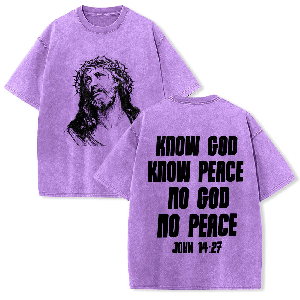 Christianartworkshop Maglietta lavata con stampa frontale "Thorn Crown Jesus Bust" e scritta "Know God Know Peace" (Conosci Dio, Conosci la Pace), con testo sul retro "John 14:27". - Viola - 5XL - image 18