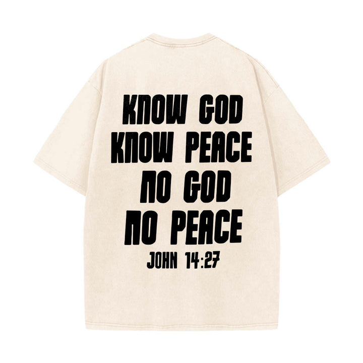 Christianartworkshop Maglietta lavata con stampa frontale "Thorn Crown Jesus Bust" e scritta "Know God Know Peace" (Conosci Dio, Conosci la Pace), con testo sul retro "John 14:27". - image 2