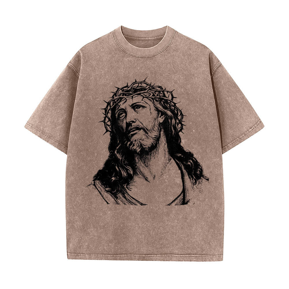 Christianartworkshop Maglietta lavata con stampa frontale "Thorn Crown Jesus Bust" e scritta "Know God Know Peace" (Conosci Dio, Conosci la Pace), con testo sul retro "John 14:27". - image 4