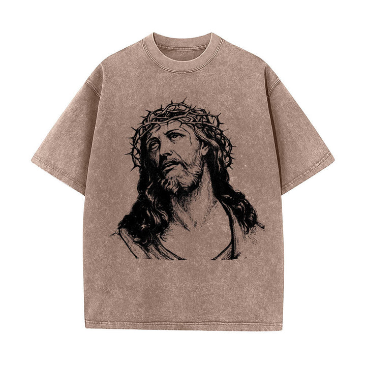 Christianartworkshop Maglietta lavata con stampa frontale "Thorn Crown Jesus Bust" e scritta "Know God Know Peace" (Conosci Dio, Conosci la Pace), con testo sul retro "John 14:27". - image 4