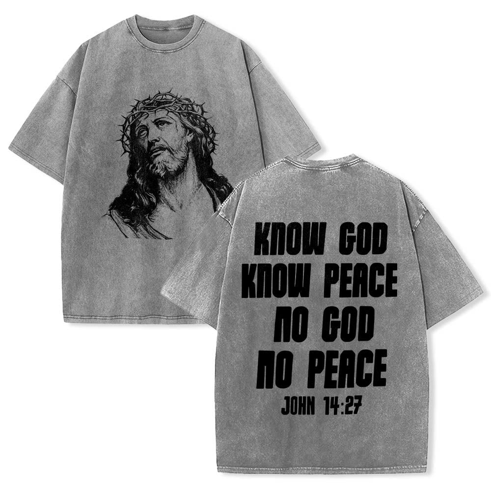 Christianartworkshop Maglietta lavata con stampa frontale "Thorn Crown Jesus Bust" e scritta "Know God Know Peace" (Conosci Dio, Conosci la Pace), con testo sul retro "John 14:27". - Grigio - 5XL - image 6