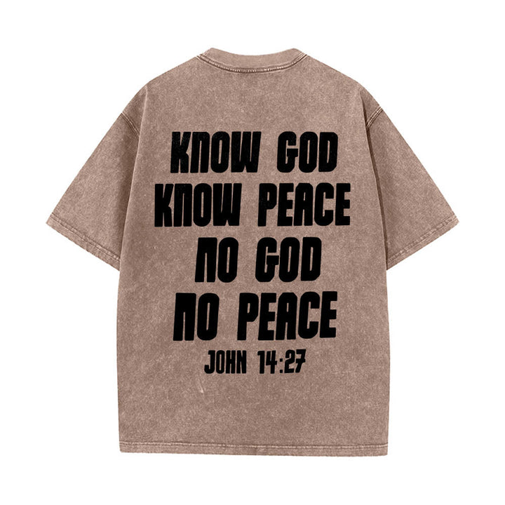Christianartworkshop Maglietta lavata con stampa frontale "Thorn Crown Jesus Bust" e scritta "Know God Know Peace" (Conosci Dio, Conosci la Pace), con testo sul retro "John 14:27". - image 5