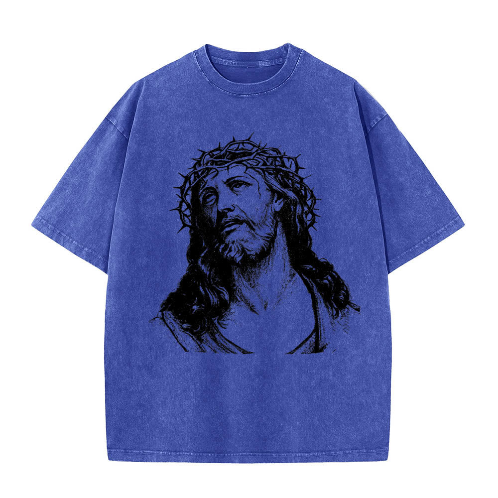 Christianartworkshop Maglietta lavata con stampa frontale "Thorn Crown Jesus Bust" e scritta "Know God Know Peace" (Conosci Dio, Conosci la Pace), con testo sul retro "John 14:27". - image 13