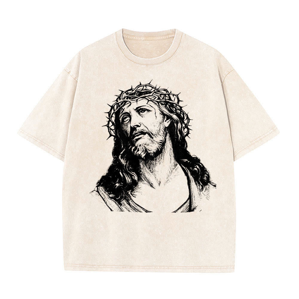 Christianartworkshop Maglietta lavata con stampa frontale "Thorn Crown Jesus Bust" e scritta "Know God Know Peace" (Conosci Dio, Conosci la Pace), con testo sul retro "John 14:27". - image 1