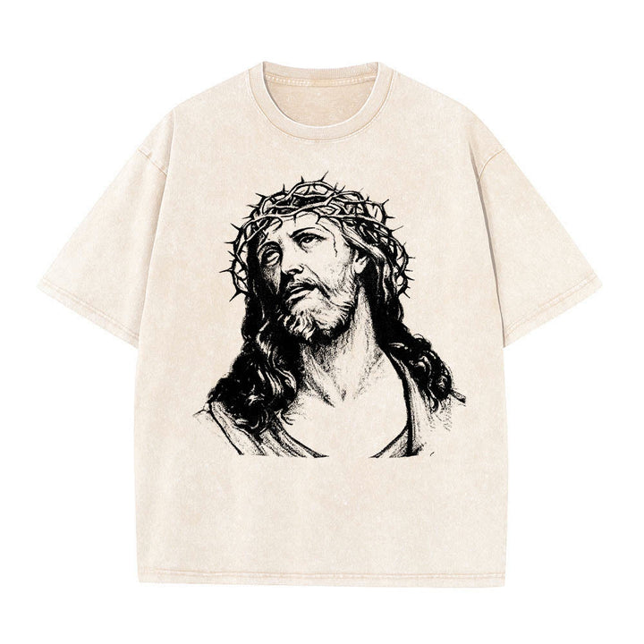Christianartworkshop Maglietta lavata con stampa frontale "Thorn Crown Jesus Bust" e scritta "Know God Know Peace" (Conosci Dio, Conosci la Pace), con testo sul retro "John 14:27". - image 1