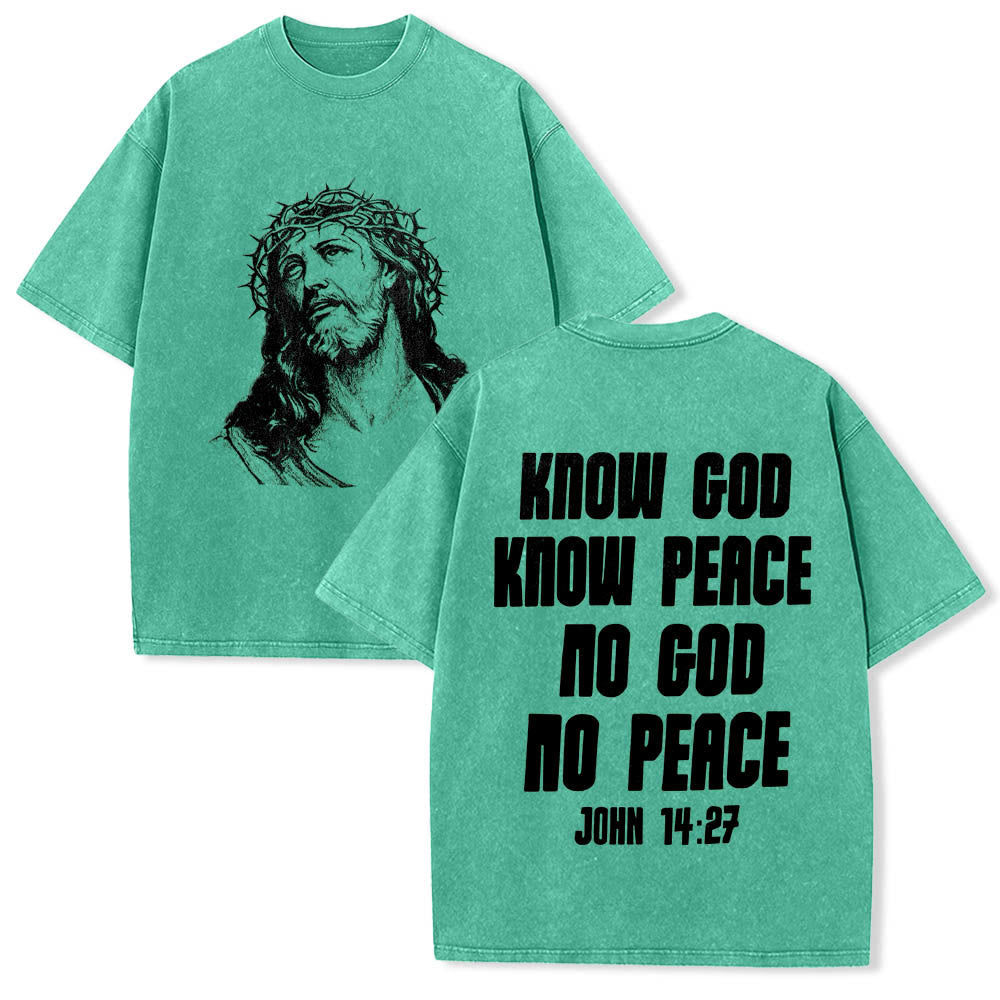 Christianartworkshop Maglietta lavata con stampa frontale "Thorn Crown Jesus Bust" e scritta "Know God Know Peace" (Conosci Dio, Conosci la Pace), con testo sul retro "John 14:27". - Verde - 5XL - image 15