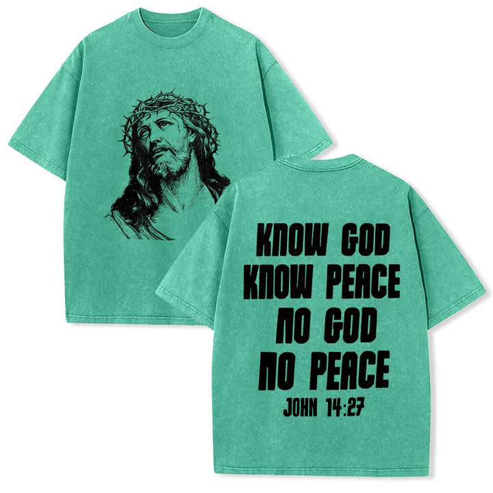 Christianartworkshop Maglietta lavata con stampa frontale "Thorn Crown Jesus Bust" e scritta "Know God Know Peace" (Conosci Dio, Conosci la Pace), con testo sul retro "John 14:27". - Verde - 5XL - image 15