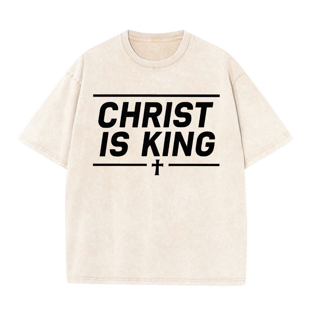 Christianartworkshop Maglietta lavata con stampa frontale a croce centrata e doppia linea orizzontale incorniciata da Cristo re. - Beige - 5XL - image 2