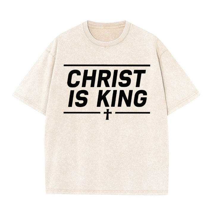 Christianartworkshop Maglietta lavata con stampa frontale a croce centrata e doppia linea orizzontale incorniciata da Cristo re. - Beige - 5XL - image 2