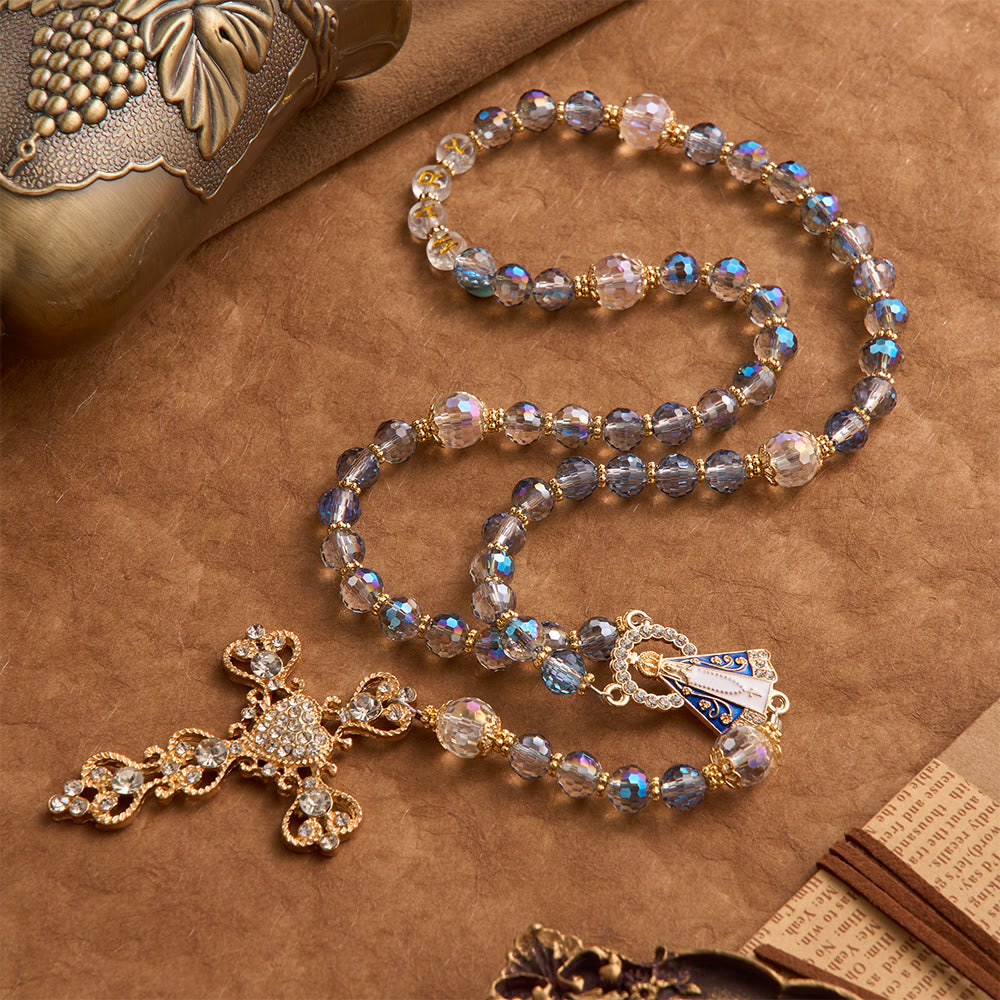 Christianartworkshop Rosario con perline blu iridescenti, con la Madonna di Aparecida e crocifisso con strass: rosario personalizzato con nome, ricordo per la cappella. - image 5