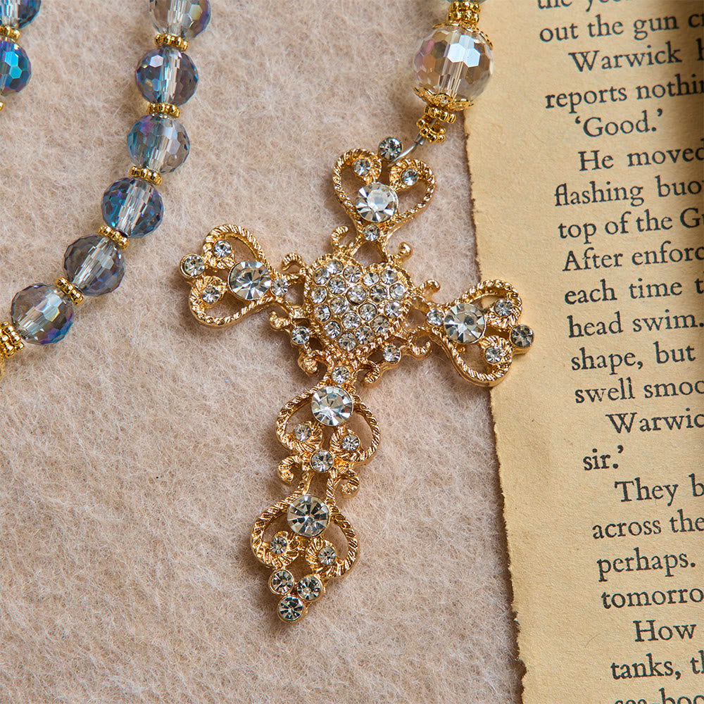 Christianartworkshop Rosario con perline blu iridescenti, con la Madonna di Aparecida e crocifisso con strass: rosario personalizzato con nome, ricordo per la cappella. - image 10