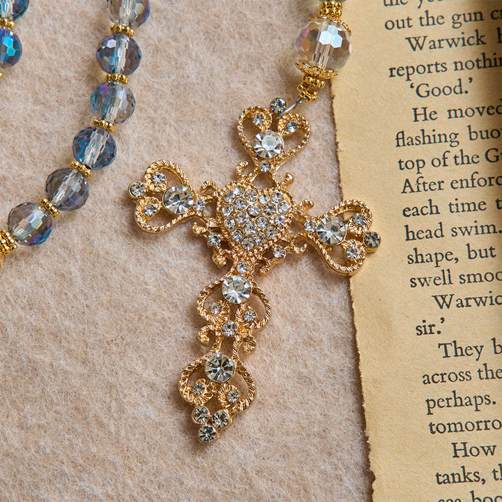 Christianartworkshop Rosario con perline blu iridescenti, con la Madonna di Aparecida e crocifisso con strass: rosario personalizzato con nome, ricordo per la cappella. - image 10