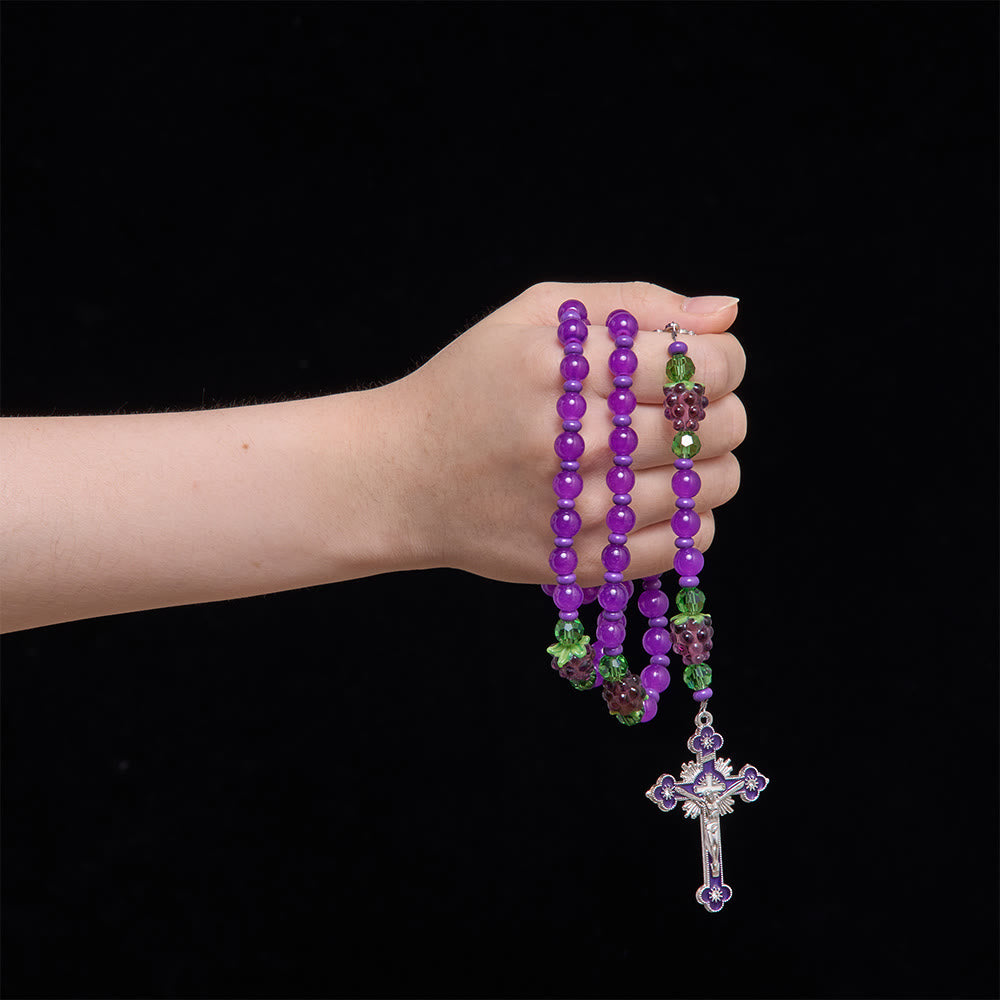 Christianartworkshop Rosario con perline di vetro a forma di grappolo d'uva e crocifisso smaltato: emblema della benedizione celeste eucaristica. - image 1