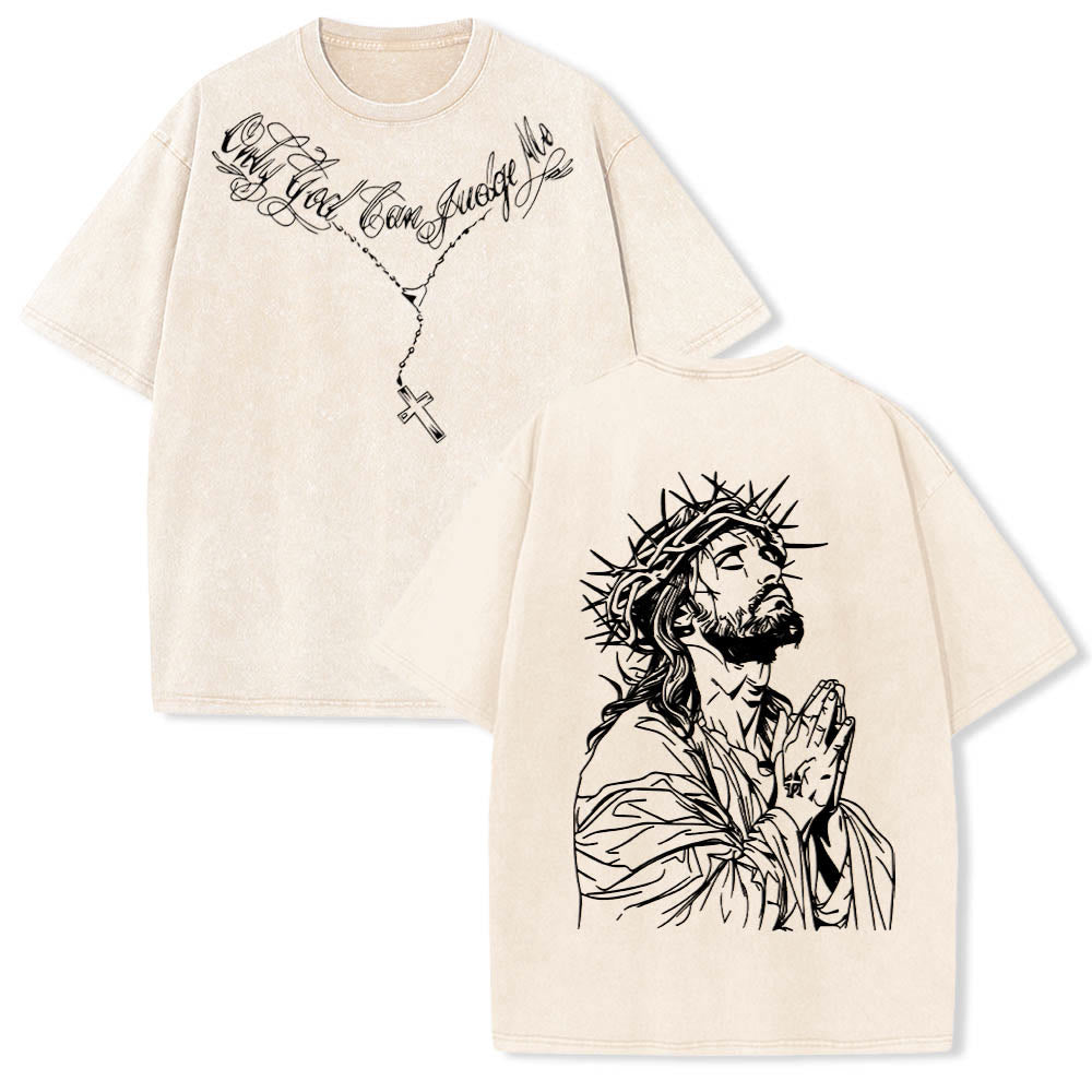 Christianartworkshop Maglietta lavata con scritta in corsivo sul davanti, rosario, croce, catena, corona di spine sul retro, Gesù in preghiera. - Beige - 5XL - image 3