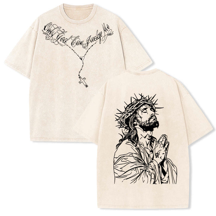 Christianartworkshop Maglietta lavata con scritta in corsivo sul davanti, rosario, croce, catena, corona di spine sul retro, Gesù in preghiera. - Beige - 5XL - image 3