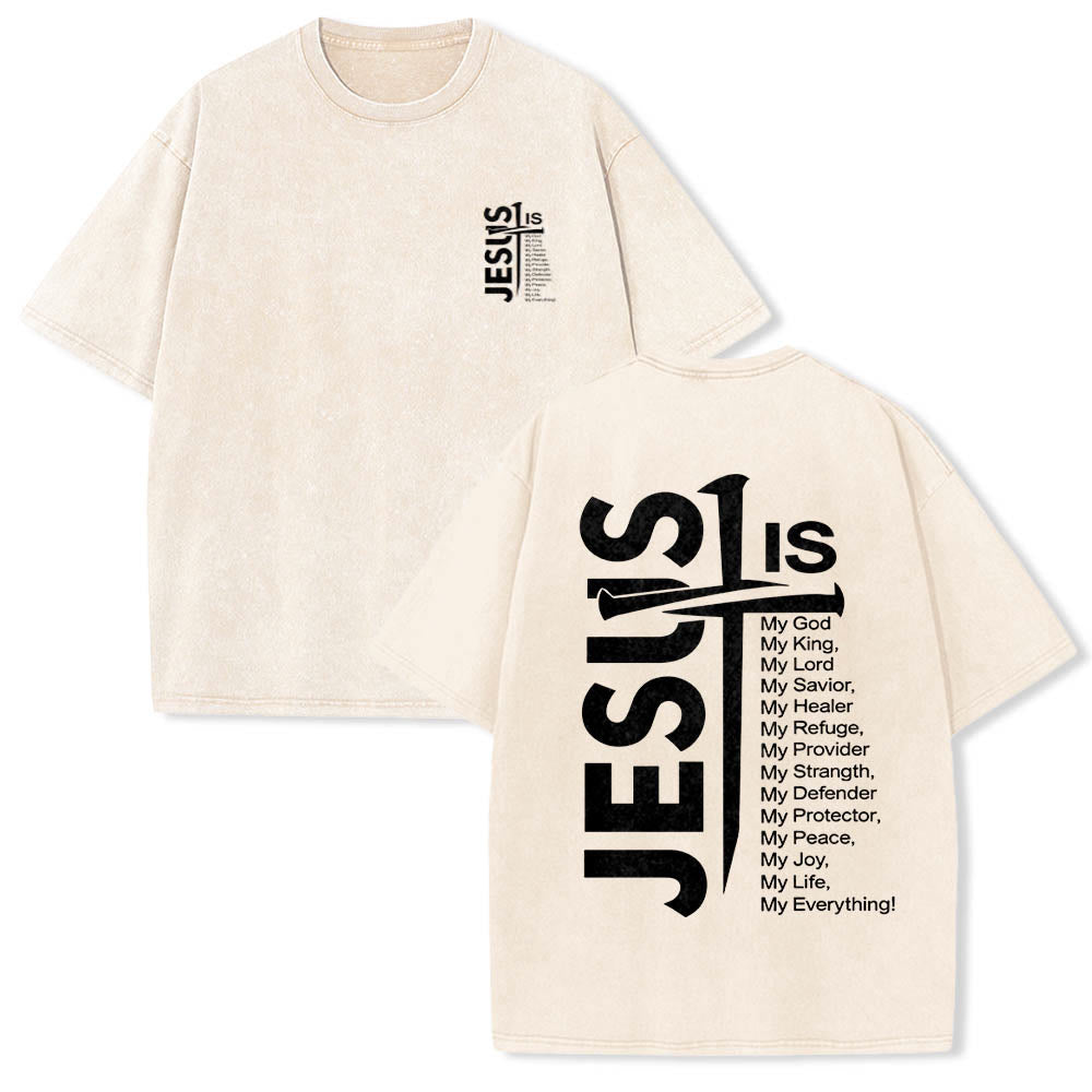Christianartworkshop Mini emblema frontale, grande croce di Gesù sul retro, elenco degli attributi, stampa su entrambi i lati, t-shirt lavata - Beige - 5XL - image 3
