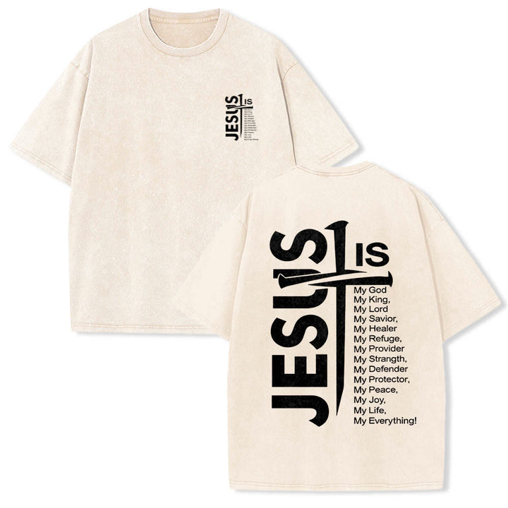 Christianartworkshop Mini emblema frontale, grande croce di Gesù sul retro, elenco degli attributi, stampa su entrambi i lati, t-shirt lavata - Beige - 5XL - image 3