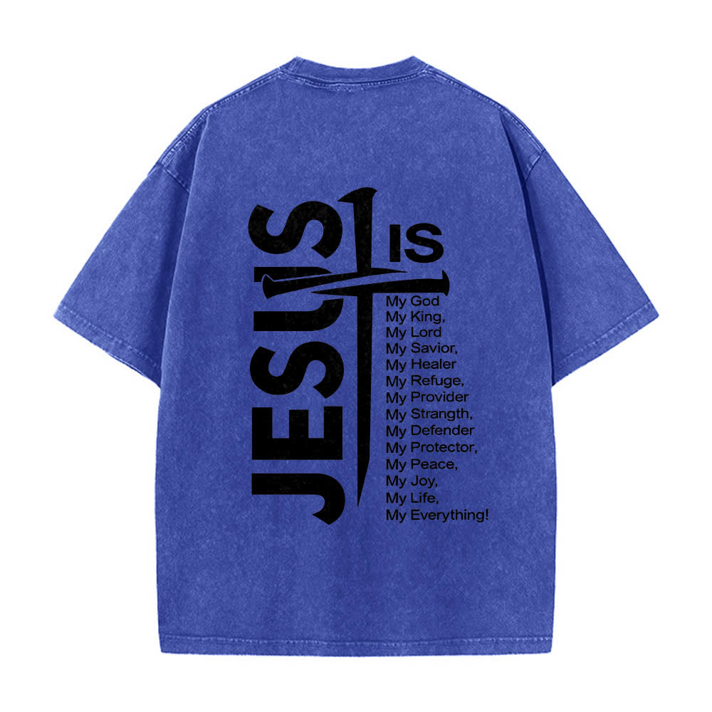 Christianartworkshop Mini emblema frontale, grande croce di Gesù sul retro, elenco degli attributi, stampa su entrambi i lati, t-shirt lavata - image 14