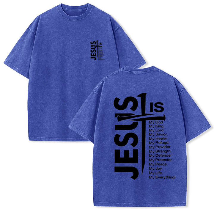 Christianartworkshop Mini emblema frontale, grande croce di Gesù sul retro, elenco degli attributi, stampa su entrambi i lati, t-shirt lavata - Blu - 5XL - image 12