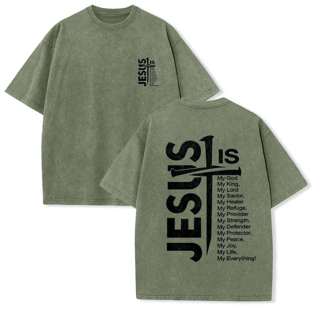 Christianartworkshop Mini emblema frontale, grande croce di Gesù sul retro, elenco degli attributi, stampa su entrambi i lati, t-shirt lavata - Verde militare - 5XL - image 24