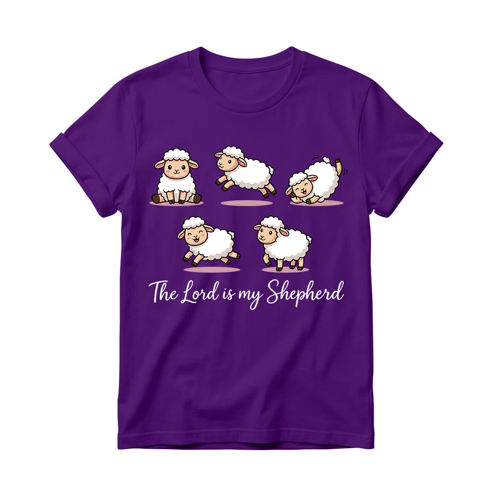 Christianartworkshop Maglietta girocollo da donna con tema senza tempo Salmo 23, pecora dei cartoni animati e frase biblica in corsivo. - Viola - 4XL - image 12