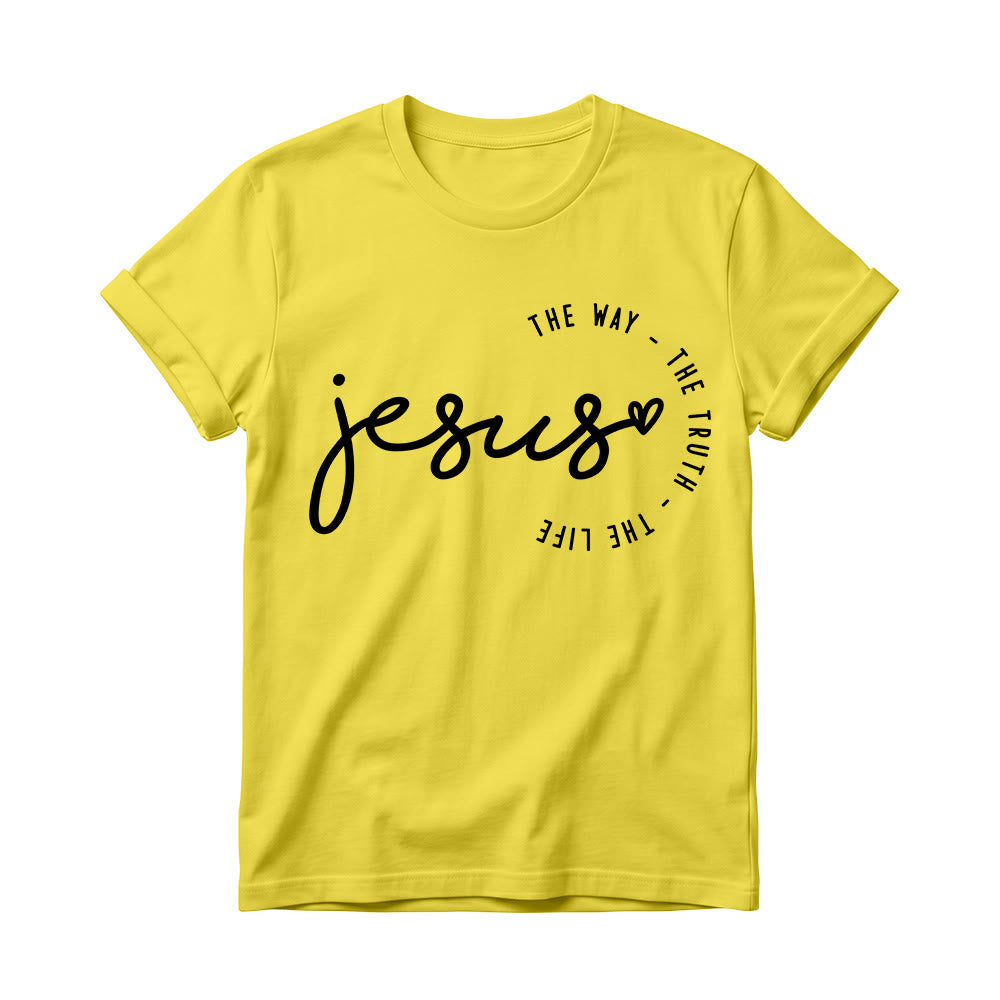 Christianartworkshop Maglietta girocollo da donna con scritta a mano "Jesus Heart Accent Curved Arc The Way The Truth The Life". - Giallo - 4XL - image 6